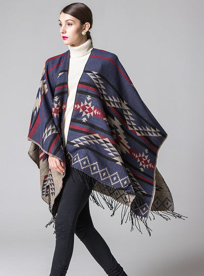 Geometric Rhombic Tassel Cape With Split Shawl