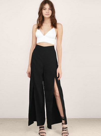 Solid Black Women Elegant Pants Split Side 
