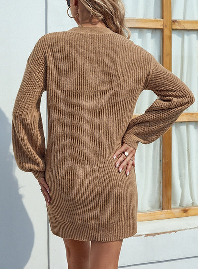 Solid Color V-neck Button Lantern Sleeve Sweater