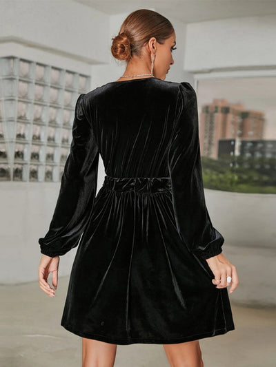 V-neck Bubble Long Sleeve Velvet Dress