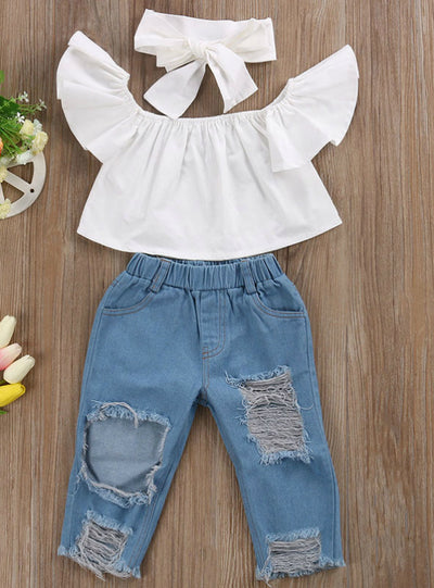 Tops White+ Hole Denim Pant Jean Headband 3PCS 
