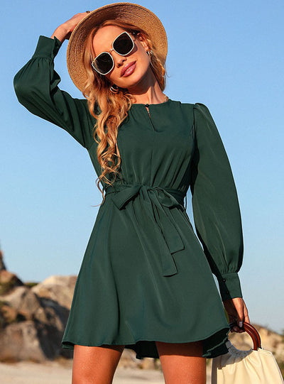 Round Neck Long Sleeve Green Dress