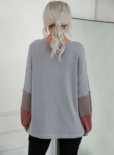 Loose Waffle V-neck Contrast Top