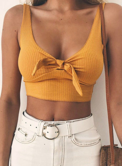 Ribbed Bow Tie Camisole Tank Tops Basic Crop Top