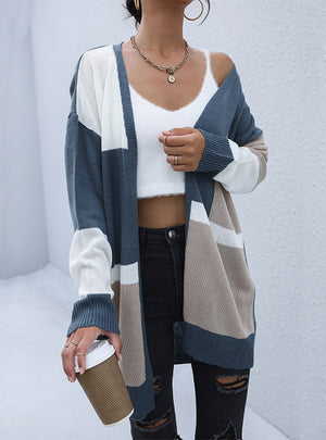 Knitted Stitching Contrast Sweater Coat