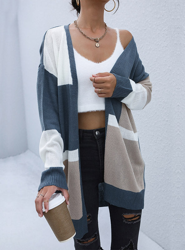 Knitted Stitching Contrast Sweater Coat