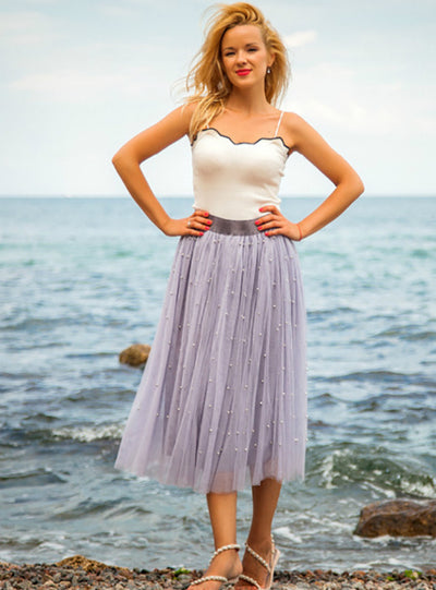 Heavy-duty Beaded Tulle Long Skirt