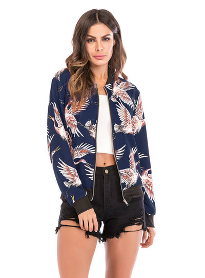 Leisure Flying Crane Printed Baseball Winter Zipper Coat