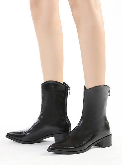 Pointed Bare Back Zipper Thick Heel Booties