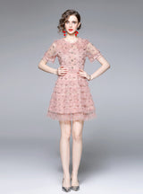 Women Embroidered Ruffled Lace Dress