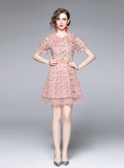 Women Embroidered Ruffled Lace Dress