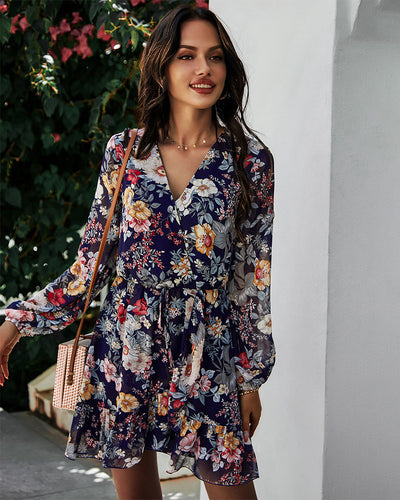 V-neck Long Sleeve Chiffon Printed Dress