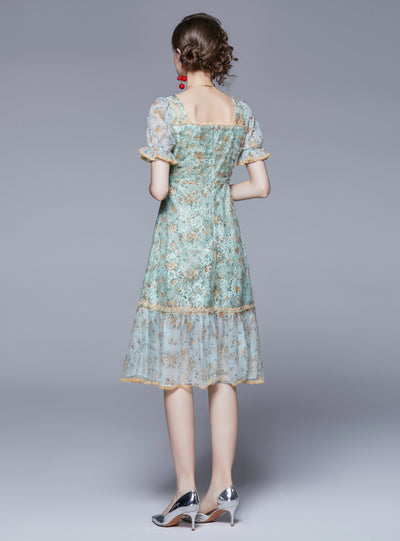 Square Trumpet Sleeve Pearl Lace Print Dress