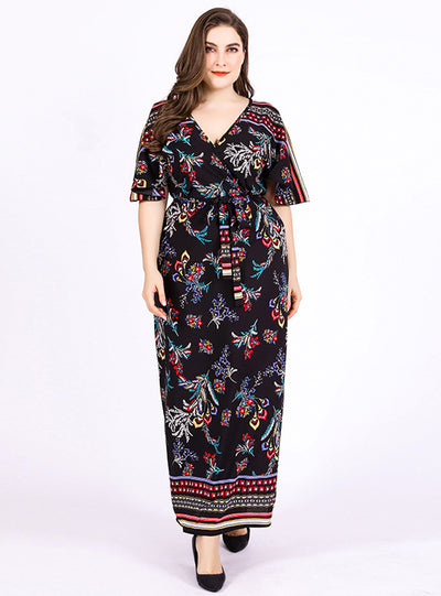V-neck Short Sleeve Retro Printed Bohemian Chiffon Dress