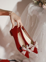 Women Red Bow Pearls Shoes
