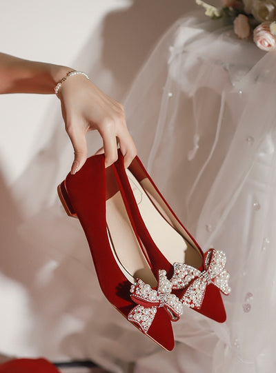 Women Red Bow Pearls Shoes