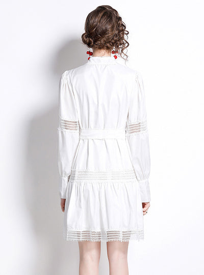White Lace Stitching Lantern Sleeve Dress