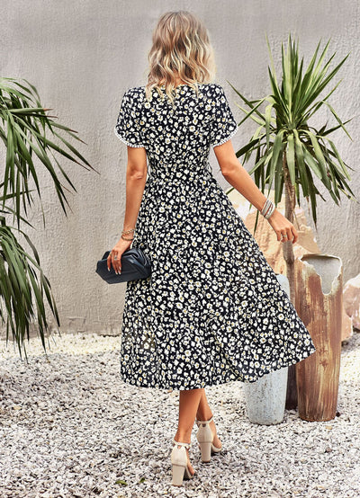 Short-sleeved Split Printed Dress