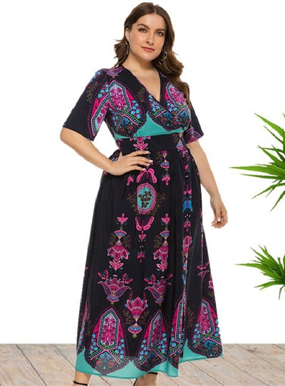 Bohemian Printed Short Sleeve Long Dress