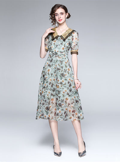 Women Floral Retro Palace Short Sleeve Dress