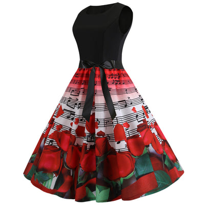 Retro Sleeveless Note Flower Print Dress