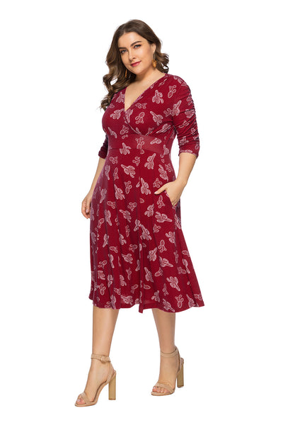 V-neck Short Sleeve Printed Big Swing Pocket Dress