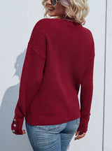 Solid Color Round Neck Button Pullover Sweater