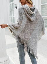 Color Matching Striped Hooded Cape Pullover Knitted Shawl