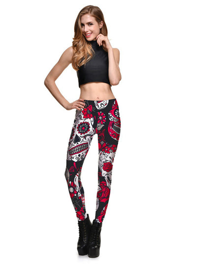 Skull&flower Black Leggings Digital Print Pants