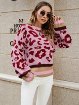 Loose Color Leopard Print Lantern Sleeve Sweater