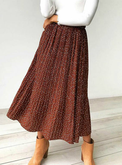 White Dots Floral Print Pleated Midi Skirt