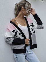 Leopard Print Stitching Contrast Knitted Cardigan