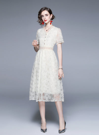 White Lace Summer V-neck Short Sleeve Dress
