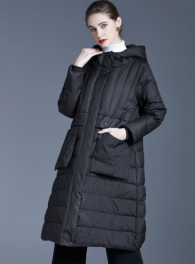 Loose Long Warm White Duck Down Coat Hooded