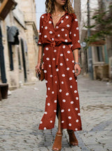 Women Summer Dot Print Long Sleeve Button Long Dress
