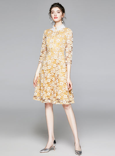 Women Yellow Lace 3/4 Sleeves