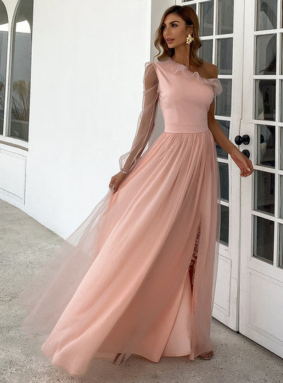 Pink Tulle One Shoulder Long Sleeve Party Dress