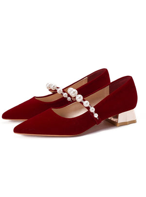 Red Pearls Pointed Shoes