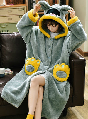 Gray Green Flannel Long Sleeve Thickened Loose Sleepwear