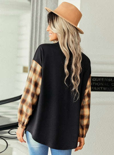 Plaid Stitching Lapel Loose Shirt