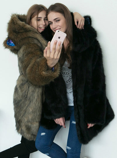 Animal Ear Cap Faux Fur Coat Women's Long Coat