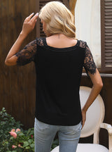 Slim Solid Color V-neck Lace Short Sleeve T-shirt