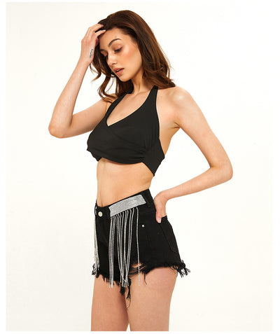 Black High Waist Drill Chain Denim Shorts