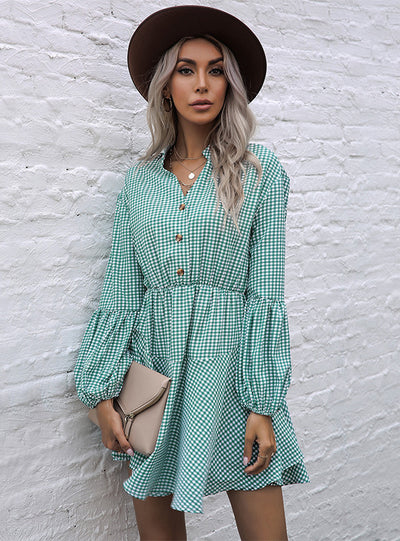 Long Sleeve Printed Plaid A-line Dress