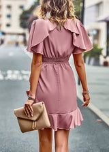 Ruffled Round Neck Solid Color Dress