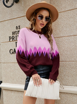 Diamond Loose Pullover Contrast Color Sweater