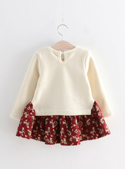 Cute Rabbit and Flowers Printed Girls Long Sleeve Dress 