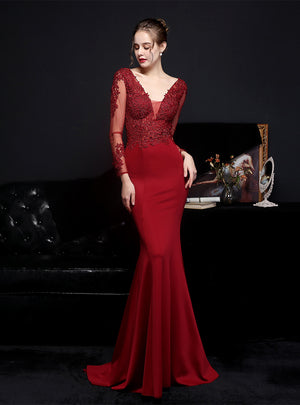 Long Sleeve V-neck Appliques Prom Dress