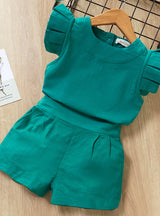Flying Sleeve Top+Solid Color Shorts Two-piece Set