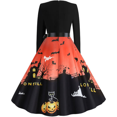 Halloween Printed Round Neck Long Sleeve Dress